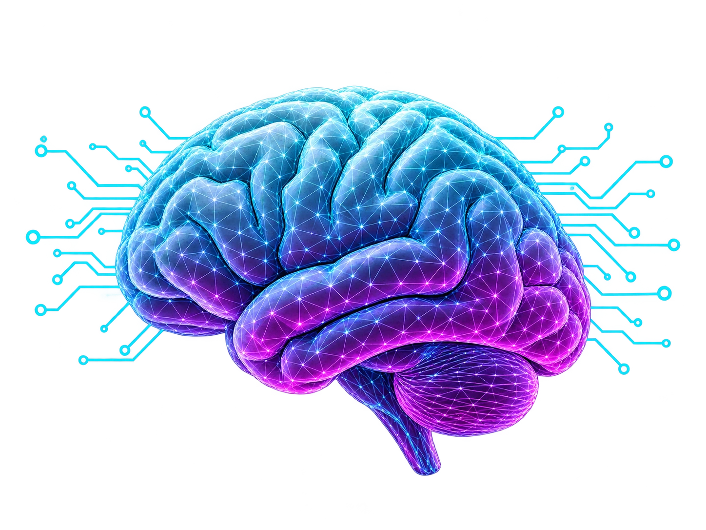 Cerebro digital iluminado en azul y magenta sobre circuitos electrónicos