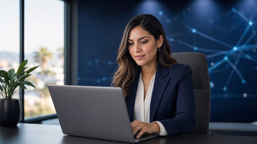 Profesional de software trabajando con inteligencia artificial desde una laptop.