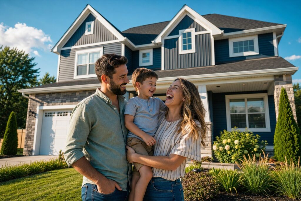 Happy family in front of their new American suburban home
