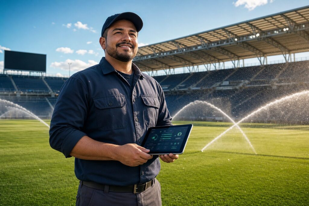 Técnico supervisando el riego automatizado del césped de un estadio