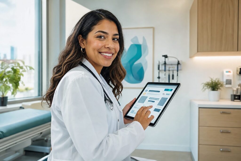 Doctor using a digital clinical platform in a modern practice